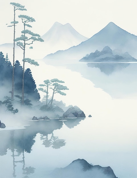 спокойный пейзаж туманного горного озера, нарисованный карандашом