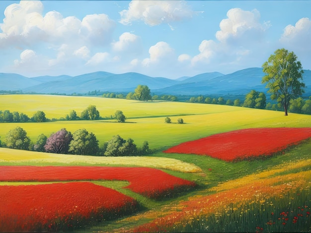Tranquil landscape Scenic nature view with blooming field of flowers