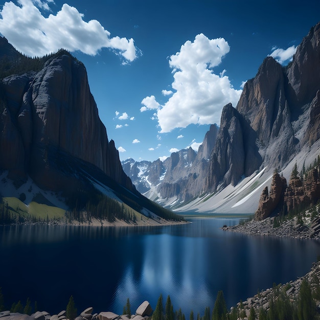 tranquil landscape with blue skies mountain range and a reflective lake