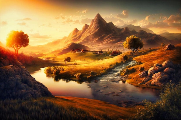 A tranquil landscape with rolling hills basked in the warm light of the setting sun