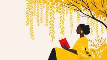 Photo tranquil literary moment elegant black woman reading under willow tree generative ai