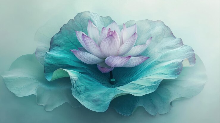 A Tranquil Lotus Flower Blossoms Atop a Serene BlueHued Lotus Leaf in Soft Water