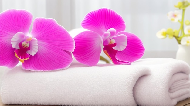 고요한 럭셔리 푹신한 테리 타월과 고요한 조화의 난초 Phalaenopsis