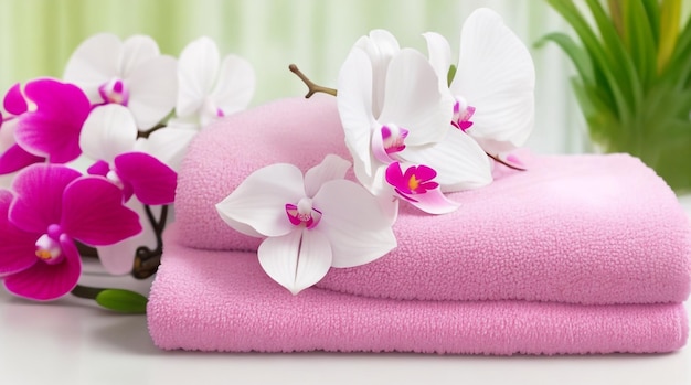 Tranquil Luxury Fluffy Terry Towels and Orchids Phalaenopsis in Serene Harmony