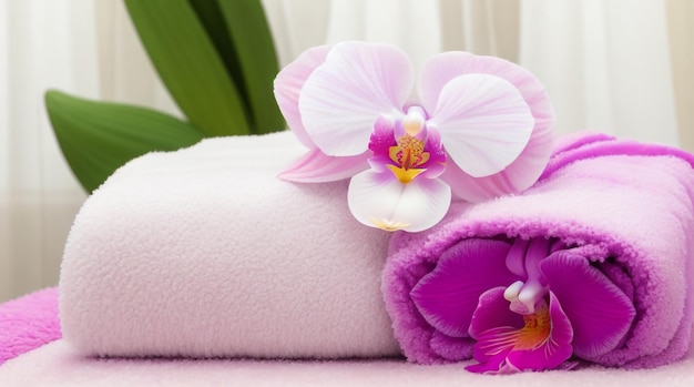 Безмятежные роскошные пушистые махровые полотенца и орхидеи Фаленопсис в безмятежной гармонии