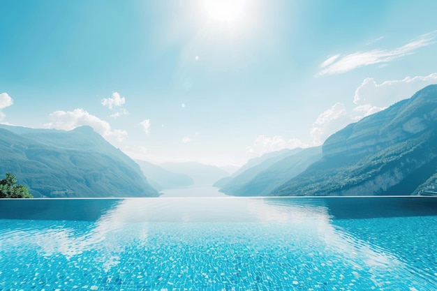 Спокойный роскошный бассейн с видом на горы под солнечным голубым небом.