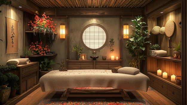 Photo a tranquil massage room featuring a cozy massage table dim lighting and calming music creati