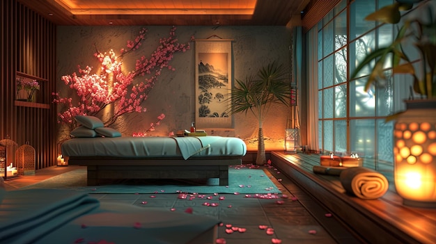 A tranquil massage room featuring a cozy massage table dim lighting and calming music creating