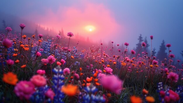 A tranquil meadow bathed in the soft glow of dawn with wildflowers peeking through the morning fog