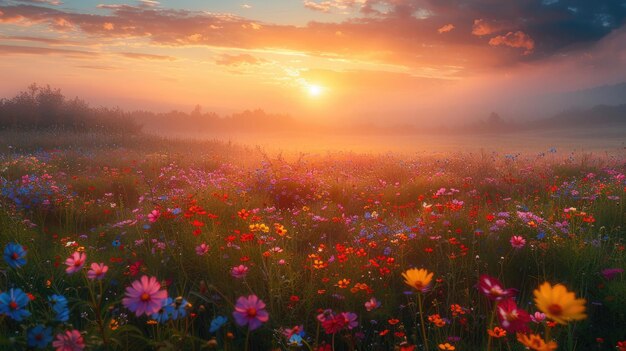 A tranquil meadow bathed in the soft glow of dawn with wildflowers peeking through the morning fog