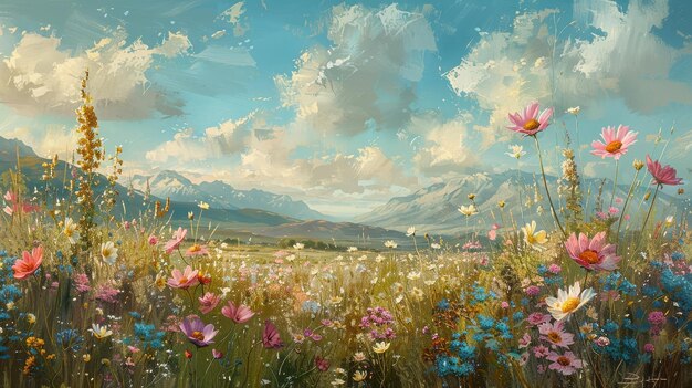 静かな草原がく パステル色の野生の花は ヴィンテージの優雅さを発揮する やかな日光の下の静かな風景