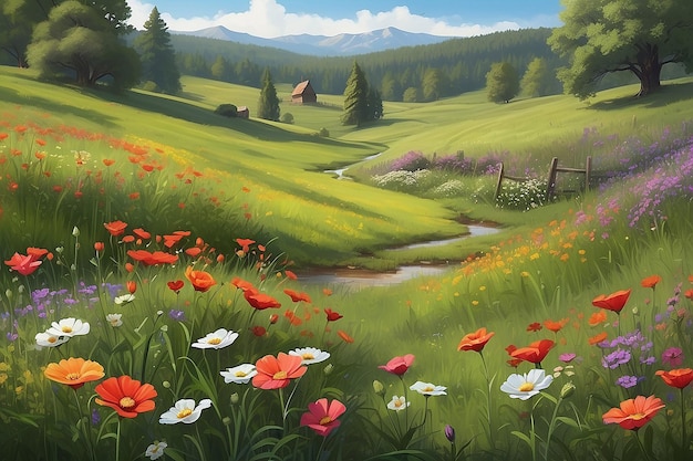 Tranquil Meadow Digital Painting of Blooming Pappy Flowers