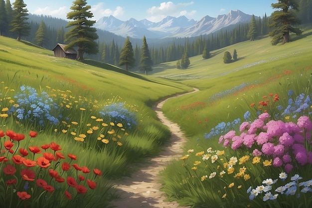 Tranquil Meadow Digital Painting of Blooming Pappy Flowers