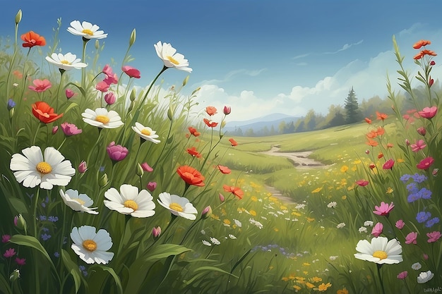 Tranquil Meadow Digitale schilderij van bloeiende papaverbloemen