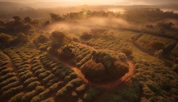 Photo tranquil meadow green trees sunset over mountains generated by ai