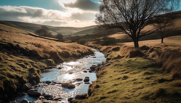 Tranquil meadow mountain range sunset flowing water generated by AI