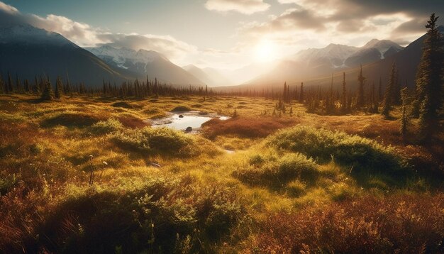 Tranquil meadow reflects majestic mountain range in autumn sunlight generated by AI