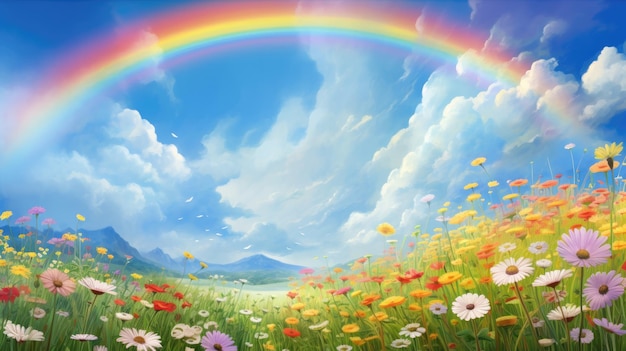 パノラマ的な虹のスペクトルのイラストで開いた花の活気のある風景