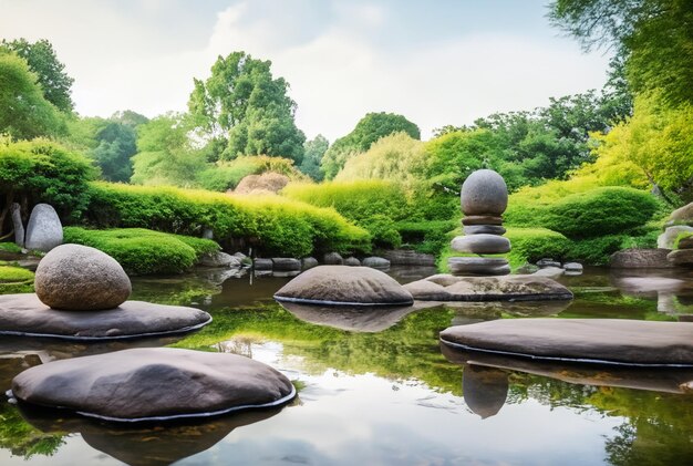 Фото Спокойный сад для медитации с дзен-элементами, такими как камни и спокойный пруд