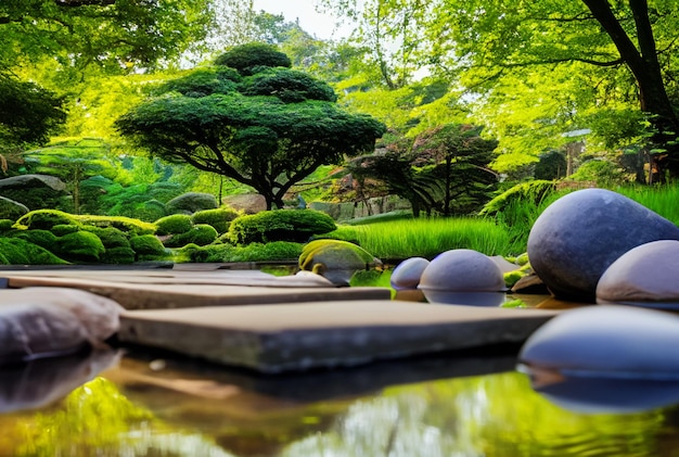 Foto tranquilo giardino di meditazione con elementi zen come rocce e uno stagno tranquillo