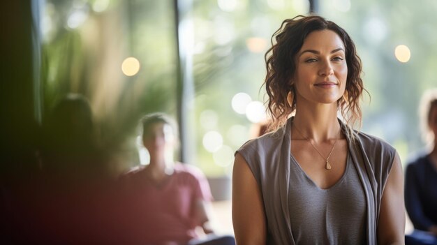 Foto attenzione tranquilla guidata da uno psicologo in uno studio di yoga in un'atmosfera serena