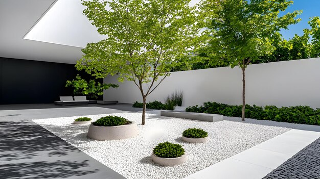 tranquil minimalist courtyard garden with modern seating and potted plants