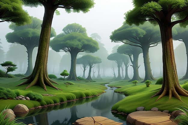 A tranquil misty forest with towering trees and a small stream