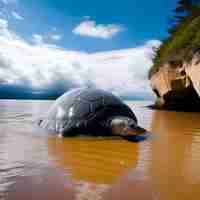 Photo tranquil moment turtle emerging from the ocean