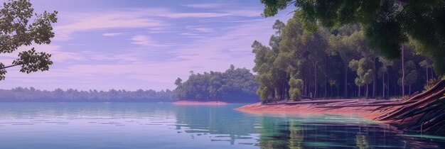 Photo tranquil morning by the forested lake shore