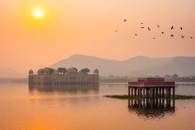 Tranquil morning at jal mahal water palace at sunrise in jaipur rajasthan india