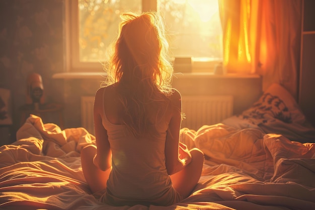 조용한 아침 명상 여성은 쾌적한 침실에서 해가 뜨는 동안 마음김을 연습합니다.