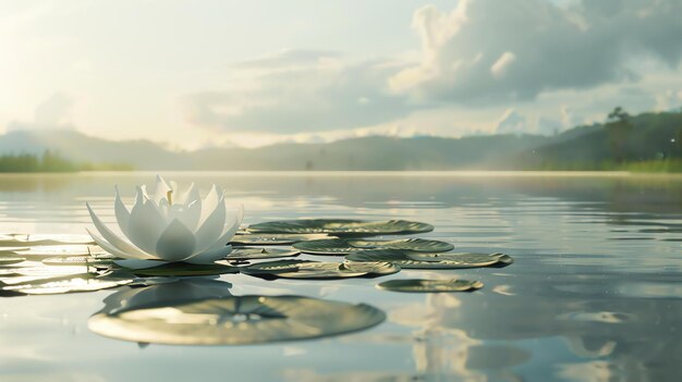 Фото Спокойное утро на озере цветение белой водяной лилии