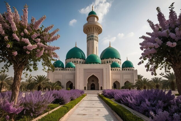Фото Спокойная мечеть с цветущими деревьями