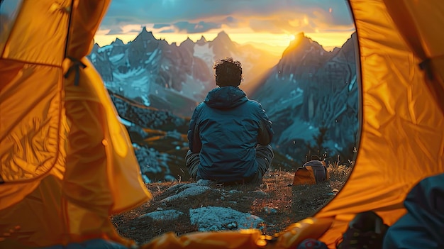 Tranquil Mountain Camping Tent Sunset Sunrise Adventure