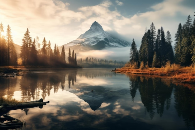 Tranquil Mountain Lake bij Sunrise Generatieve AI