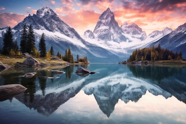 A tranquil mountain lake reflecting the surrounding peaks