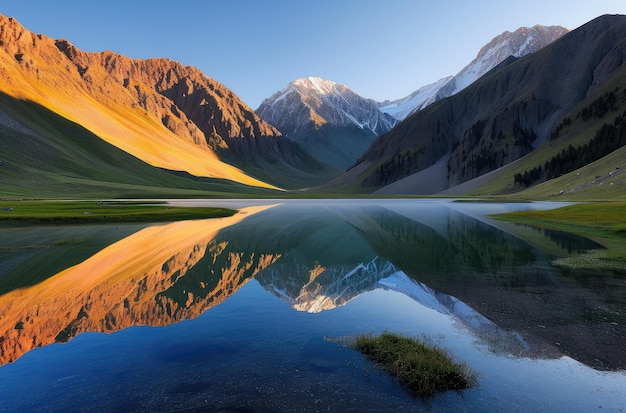 Photo tranquil mountain lake at sunset with reflections