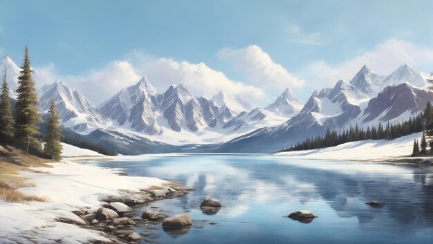 A tranquil mountain lake surrounded by majestic snowcapped peaks illustration