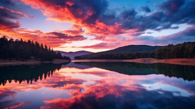 Фото Спокойное горное озеро с красочным отражением неба