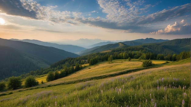 Tranquil mountain stream in lush green valley