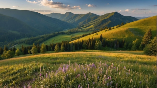 Tranquil mountain stream in lush green valley