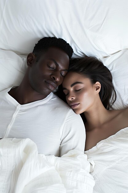 Photo tranquil multiracial couple in white attire asleep on bed with copy space