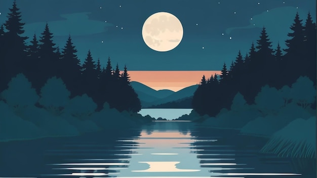 Tranquil Night Over Forest River with Moonrise