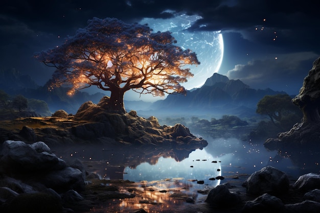 Спокойный ночной пейзаж показывает деревья среди впечатляющего Млечного Пути.