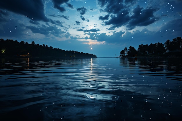 A tranquil night scene the lake mirroring the deep blue horizon