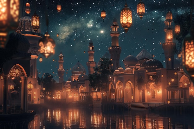 tranquil night scene with lanterns hanging from home and starlight reflected on domes of mosques