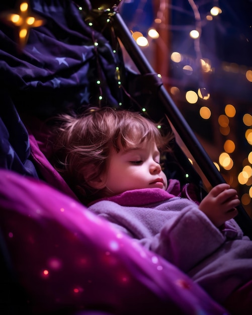 Спокойные ночи. Ребенок спит на качелях под звездным небом.
