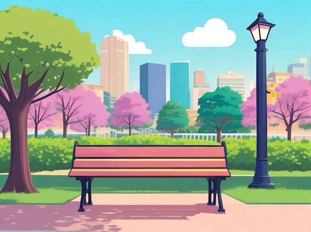 Photo tranquil oasis cartoon city park with bench in garden background