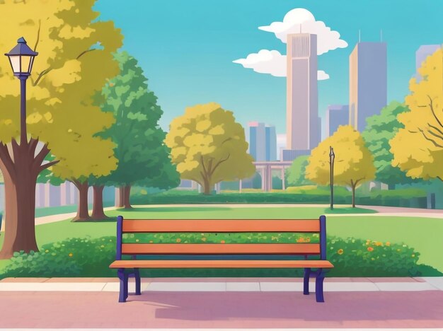 Tranquil Oasis Cartoon City Park with Bench in Garden Background