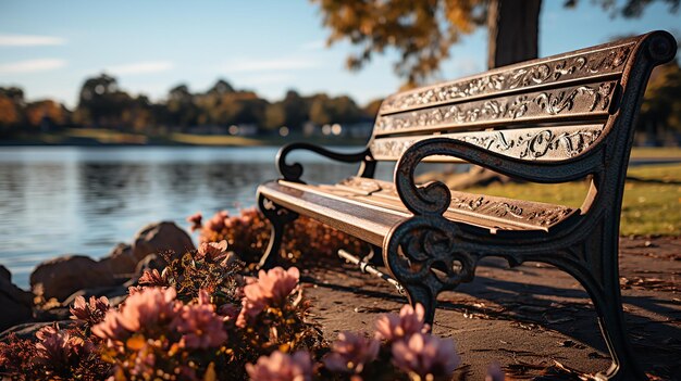 Photo tranquil oasis city park bench closeup by the lake nikon photography